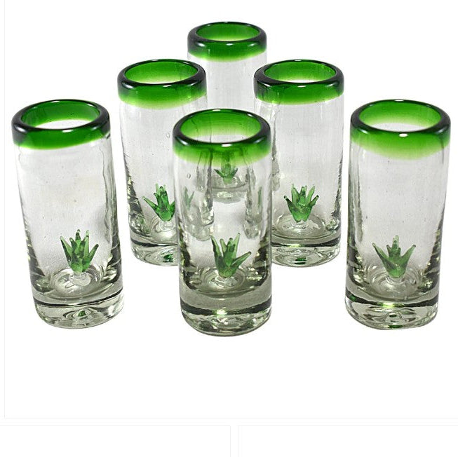 Casa Emilia - Tequila Shot Glass Green Rim With Agave, 2 Oz Hand-Blown Glass (4pcs)