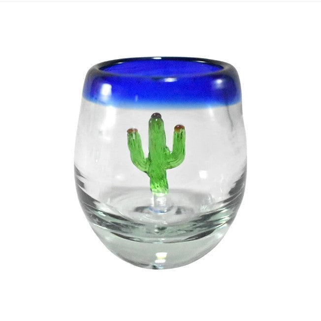 Casa Emilia - Tequila Shot Glass Blue Rim With Cactus, 2 Oz Hand-Blown Glass (4pcs)