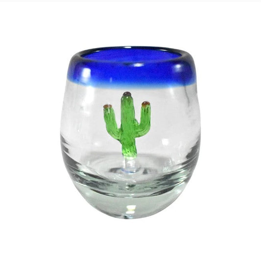 Casa Emilia - Tequila Shot Glass Blue Rim With Cactus, 2 Oz Hand-Blown Glass (4pcs)