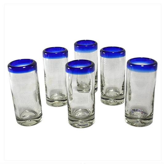 Casa Emilia - Tequila Shot Glass Blue Rim 2 Oz Hand-Blown Glass (4pcs)