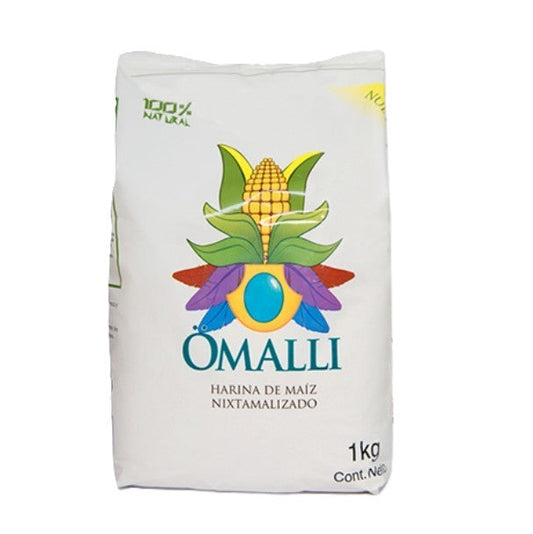 WHITE Nixtamalized corn flour. OMALLI 1 Kg.
