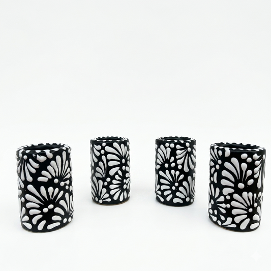Casa Emilia - Tequila Shot Glass Black And White Talavera 2 Oz Ceramic (4pcs)