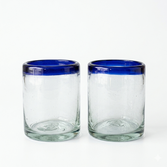 Casa Emilia - Old Fashioned Glass Blue Rim 10 Oz. Hand-Blown Glass (4pcs)